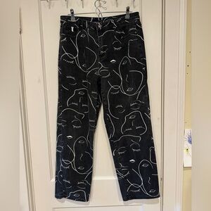 Abstract line drawing face jeans denim 32 waist women’s black jeans wide leg
